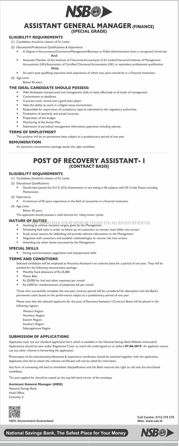 Assistant General Manager Recovery Assistant National Savings Bank