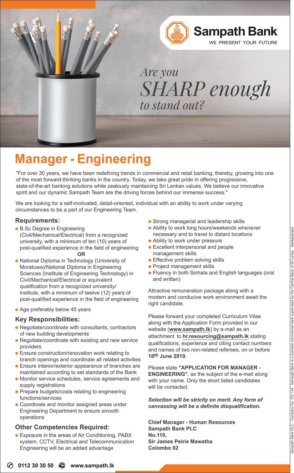 Manager Engineering Sampath Bank Jobs