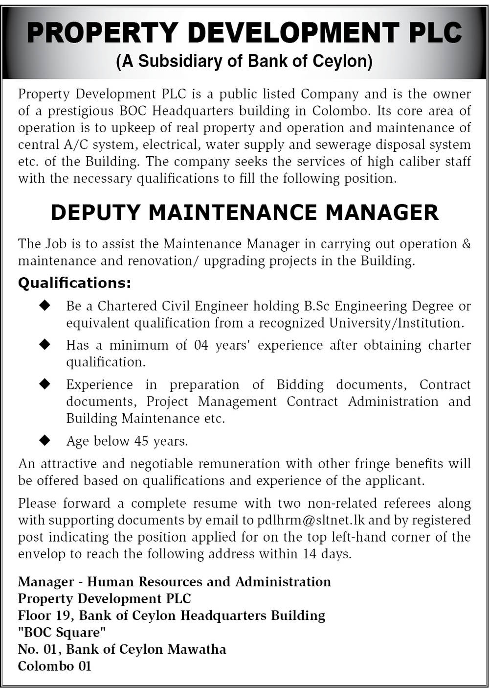 Deputy Maintenance Manager Property Development Plc