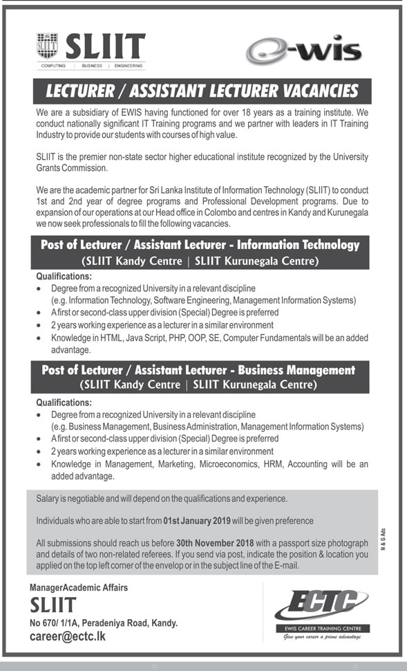 Lecturer Assistant Lecturer Sri Lanka Institute Of Information Technology